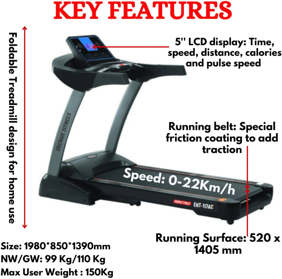 Imported Semi Commercial Treadmill in India EHT-117AC | Energie Fitness