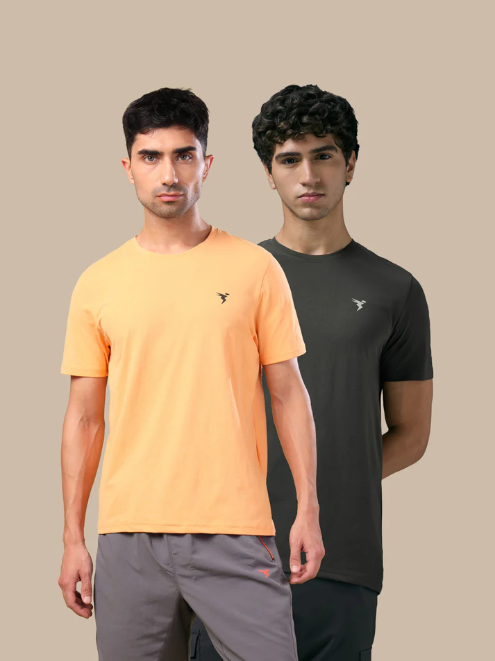 Men Solid Slim Fit pack of 2 Crew Neck T-shirt with COTFLEX