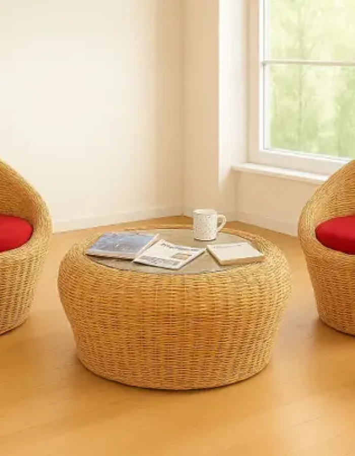 INDIACRAFT Double seating pure rattan cane couch with a large size centre table Fabric 2 + 1 Sofa Set  (Biege, Pre-assembled)