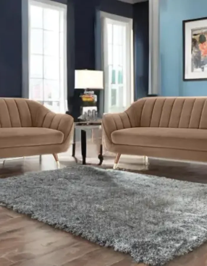 SIYARA DESIGN Velvet Upholstered Sofa Set – Style Loveseat & Couch with Gold-Tipped Legs Fabric 3 + 2 Sofa Set  (Camel3, Pre-assembled)