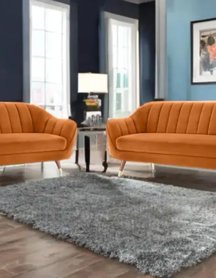 SIYARA DESIGN Velvet Upholstered Sofa Set – Style Loveseat & Couch with Gold-Tipped Legs Fabric 3 + 2 Sofa Set  (Orange3, Pre-assembled)