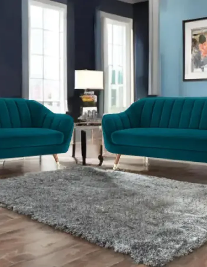 SIYARA DESIGN Velvet Upholstered Sofa Set – Style Loveseat & Couch with Gold-Tipped Legs Fabric 3 + 2 Sofa Set  (Ocean Blue3, Pre-assembled)